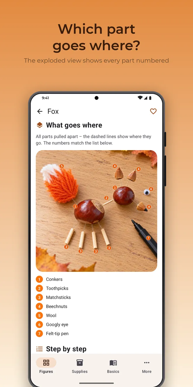 Kastelli on Android: Exploded view of the fox with numbered parts