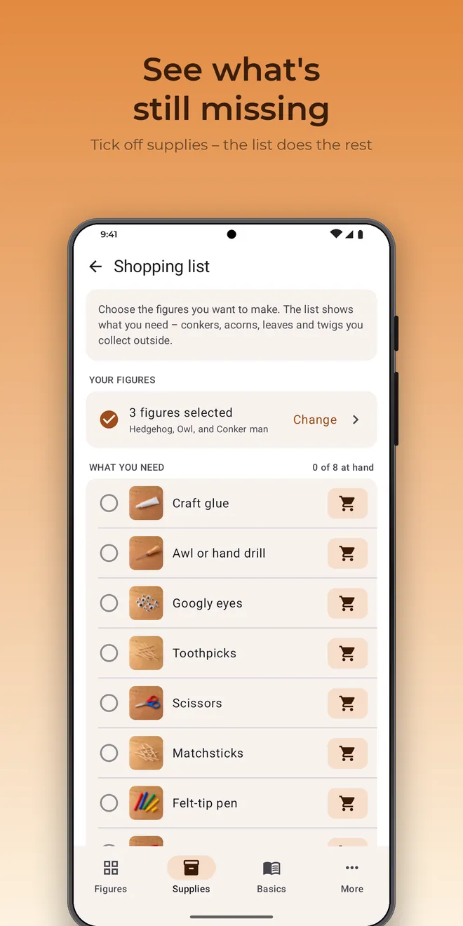 Kastelli on Android: Shopping list with the missing supplies