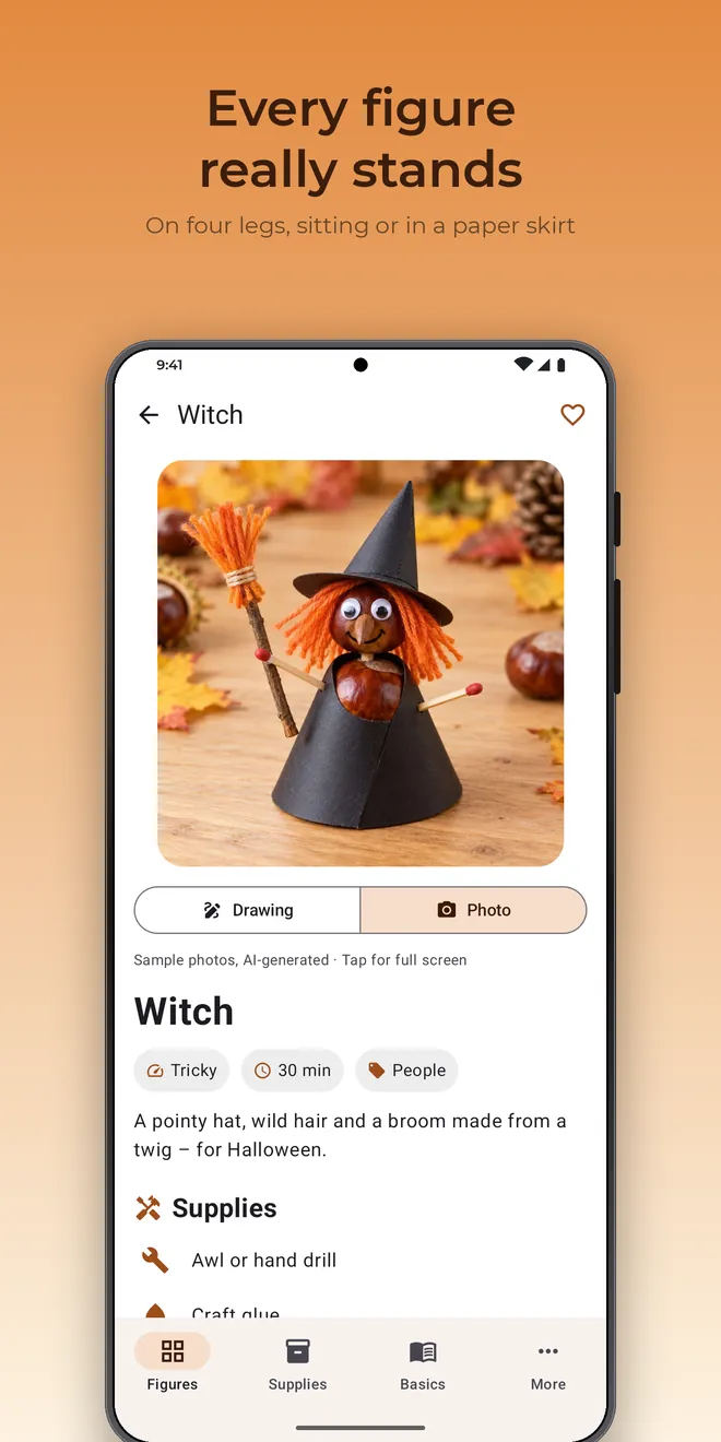 Kastelli on Android: The witch with her broom in a paper skirt