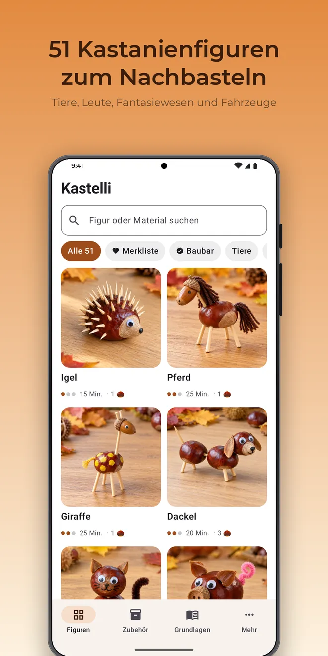 Kastelli auf Android: Die Übersicht mit allen Figuren, Suche und Filter nach Gruppe