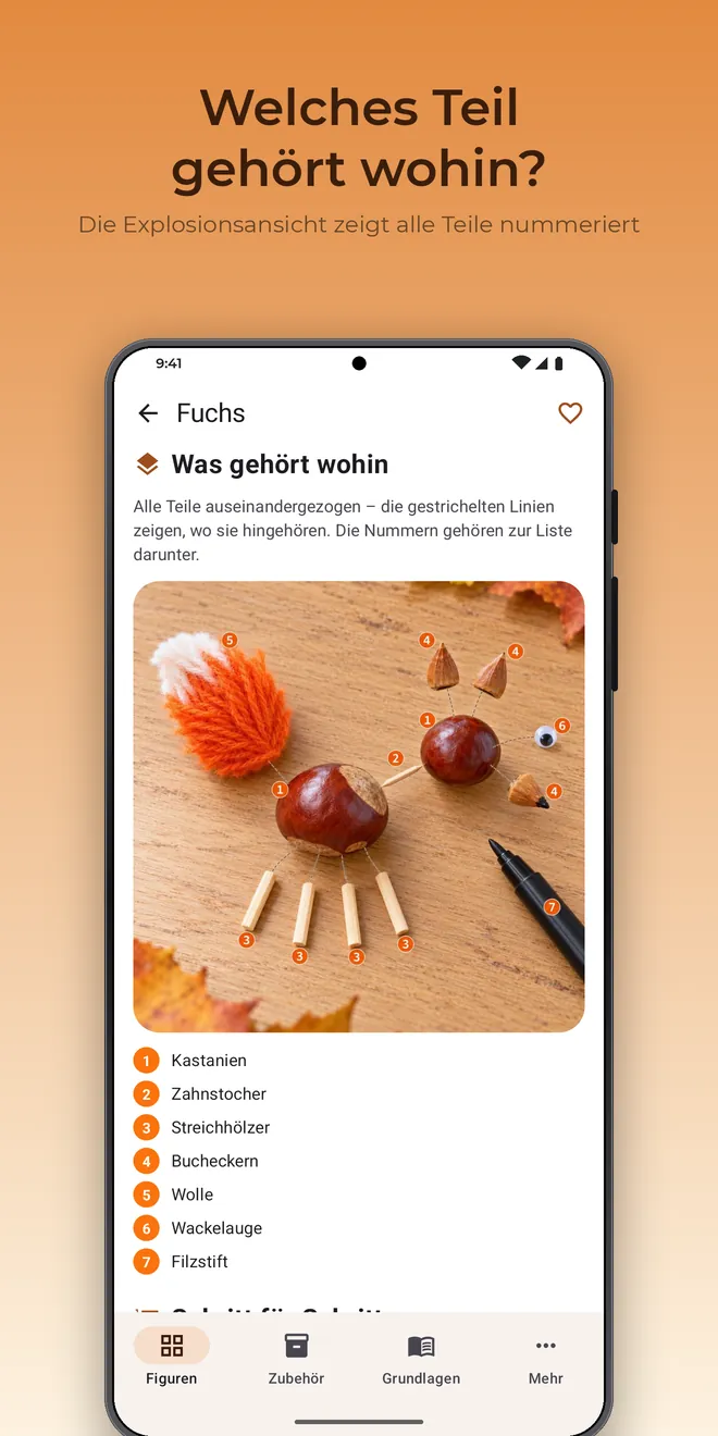 Kastelli auf Android: Explosionsansicht des Fuchses mit nummerierten Teilen