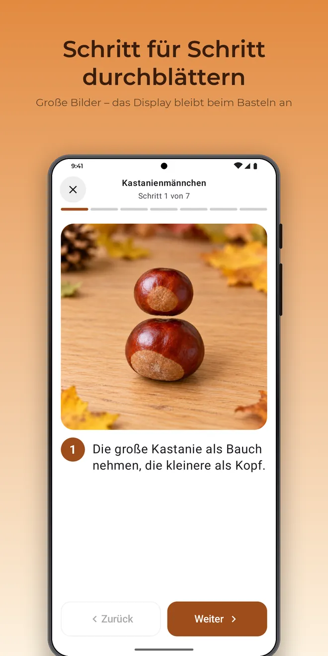 Kastelli auf Android: Bildanleitung des Kastanienmännchens, Schritt 1 von 7