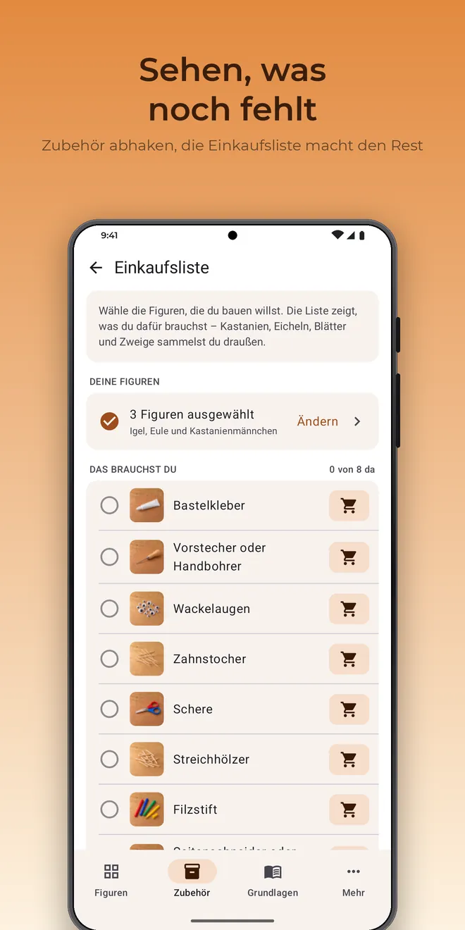 Kastelli auf Android: Einkaufsliste mit fehlendem Zubehör