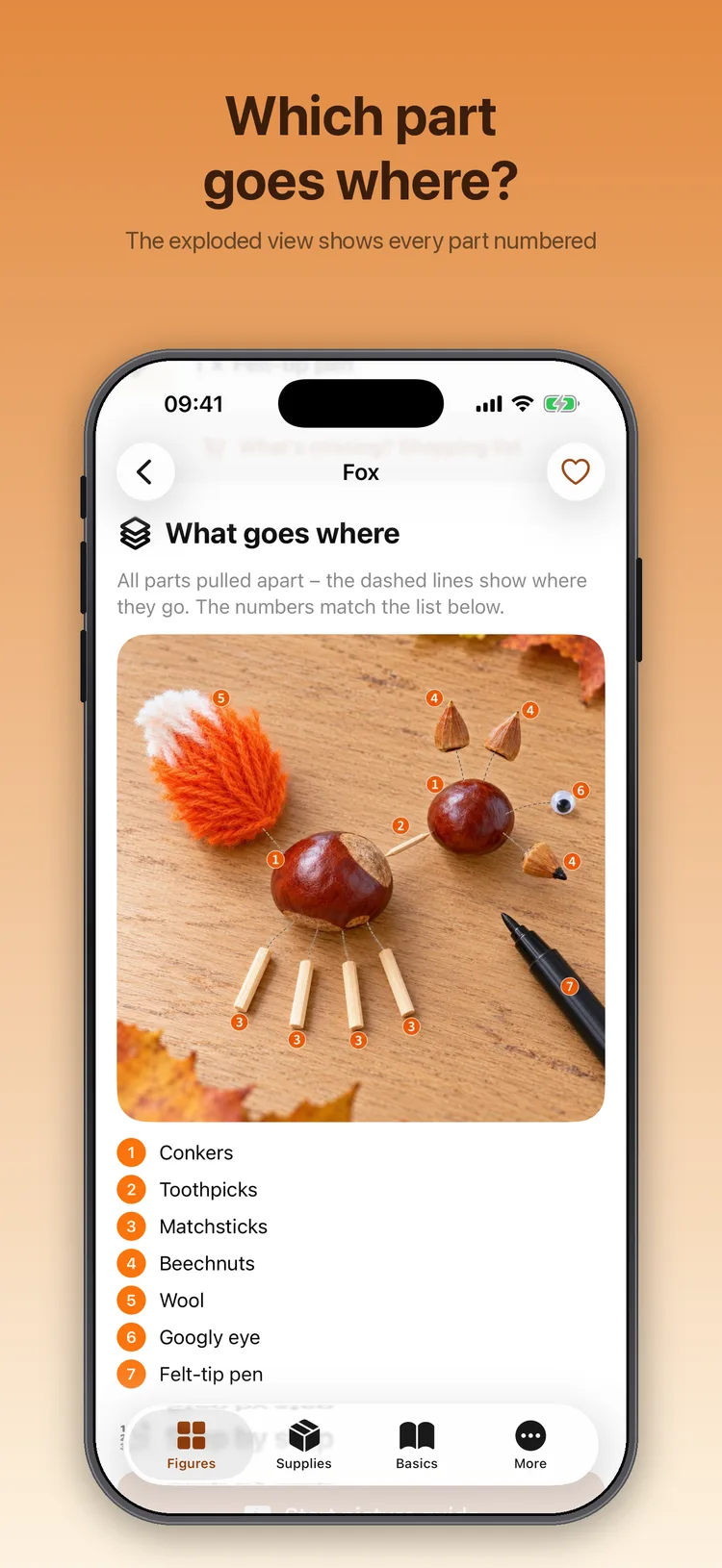 Kastelli on iPhone: Exploded view of the fox with numbered parts