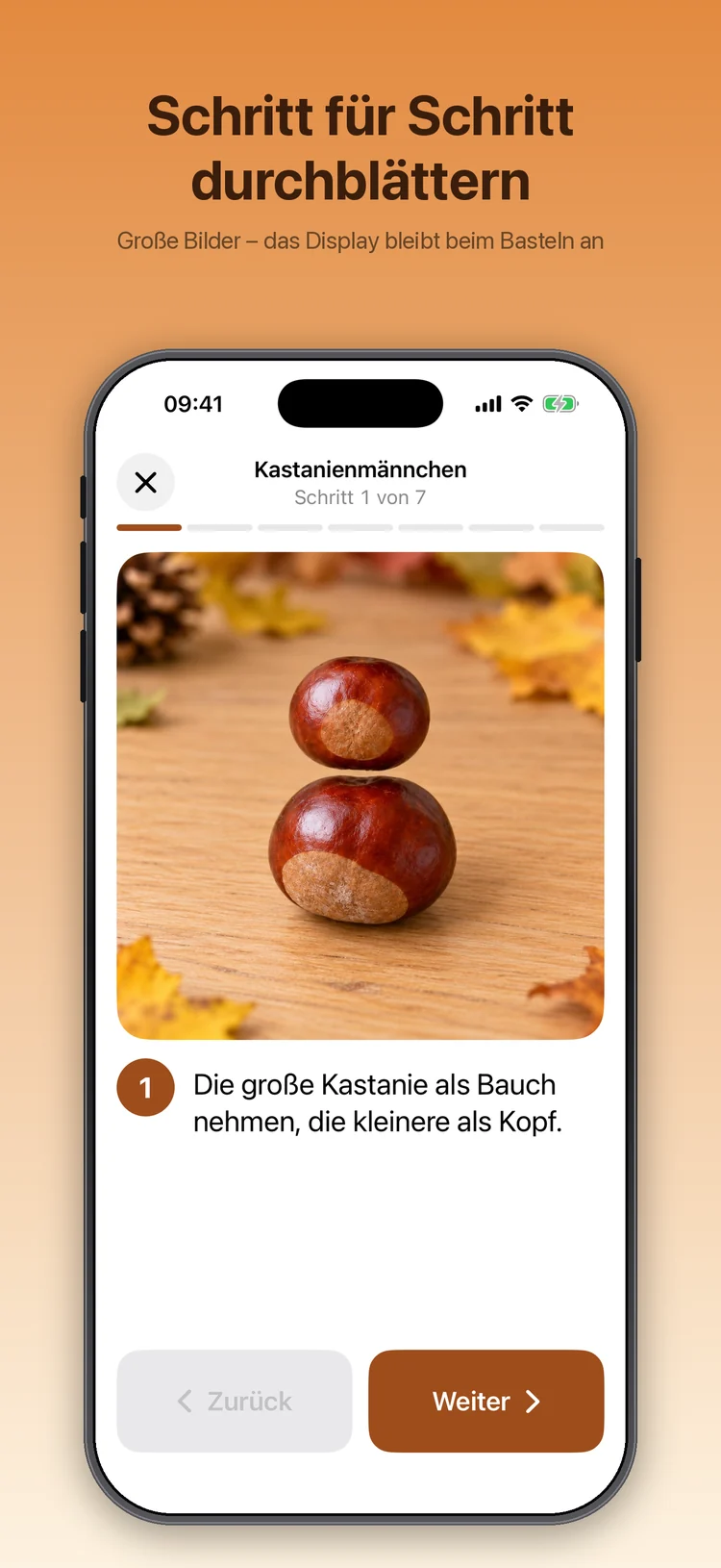 Kastelli auf dem iPhone: Bildanleitung des Kastanienmännchens, Schritt 1 von 7