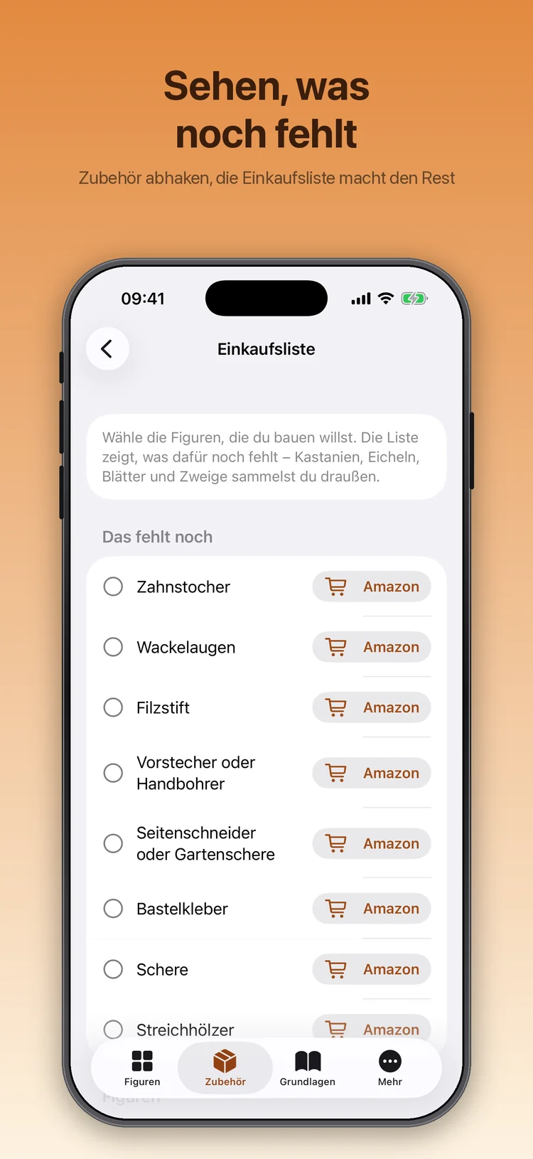 Kastelli auf dem iPhone: Einkaufsliste mit fehlendem Zubehör