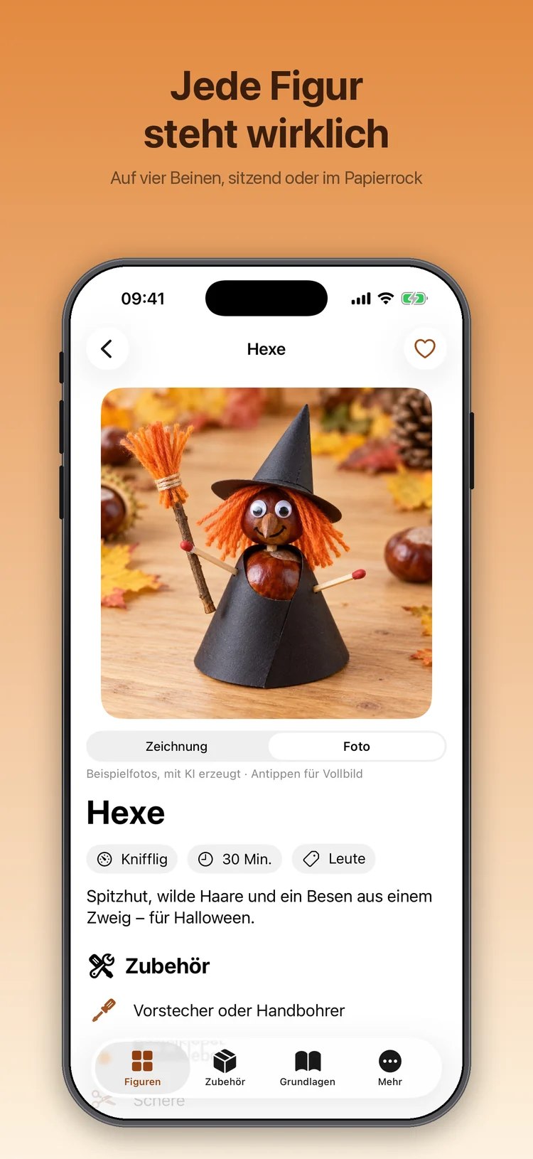 Kastelli auf dem iPhone: Die Hexe mit Besen im Papierrock
