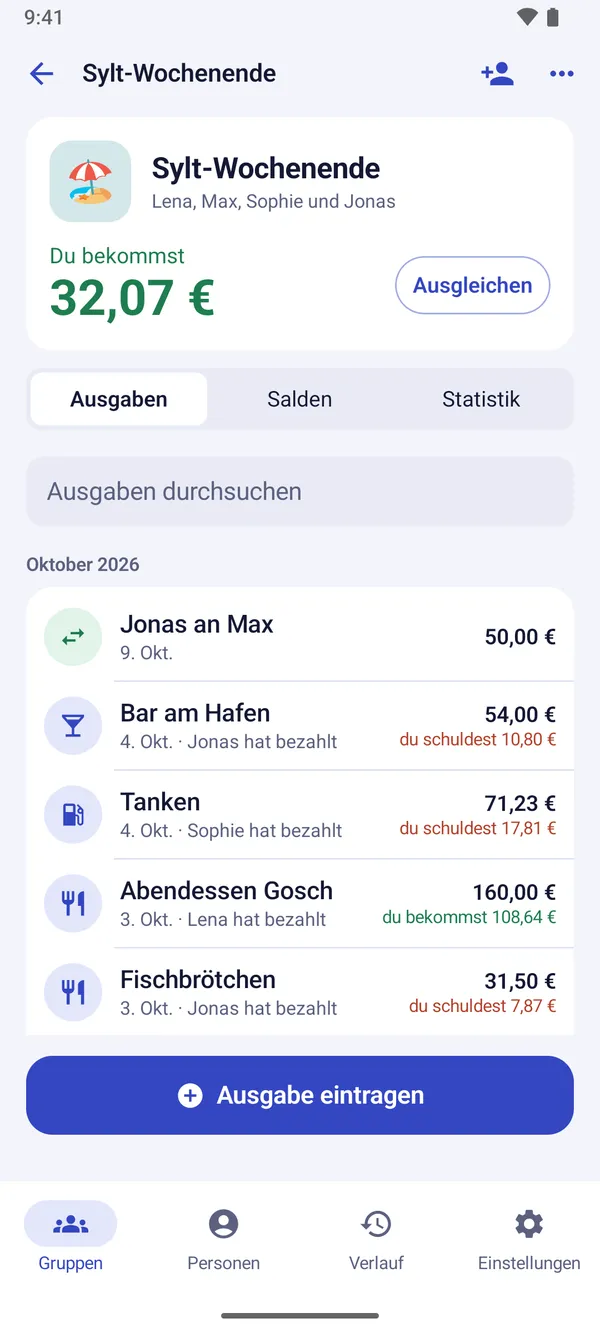 Obolus: Ausgaben einer Gruppe mit Suche und Anteil je Ausgabe
