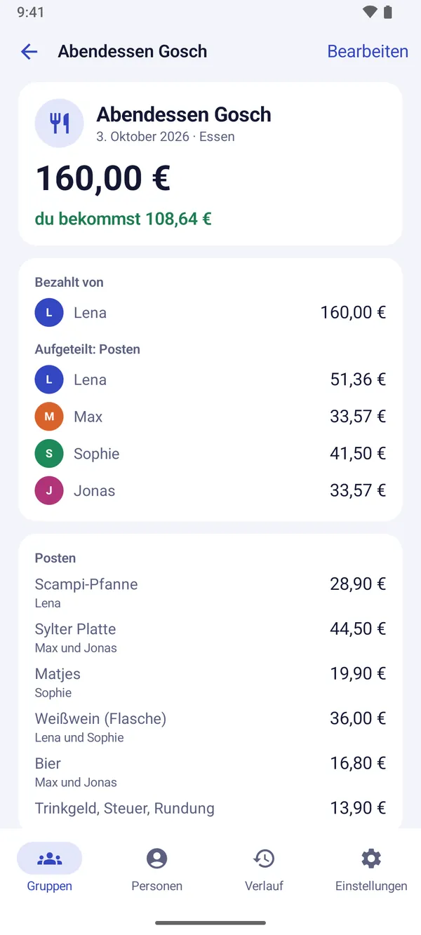 Obolus: Ausgabe nach Posten aufgeteilt, mit Trinkgeld anteilig