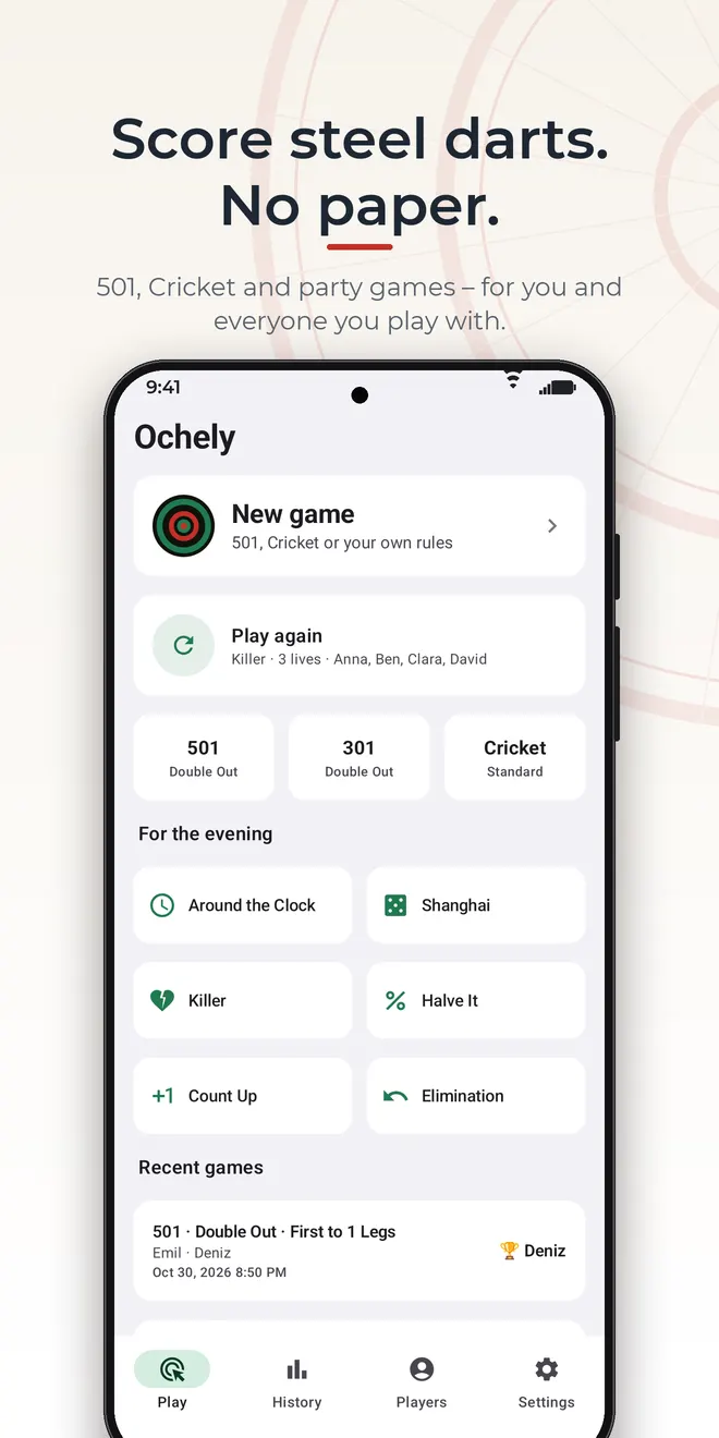 Ochely on Android: Home screen with “New Game”, quick start for 501, 301 and cricket, the party games and “Recently Played”