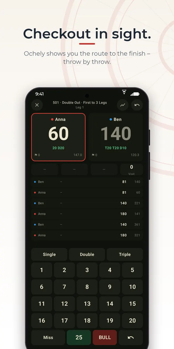 Ochely on Android: A 501 match close to the finish with a checkout suggestion and the keypad