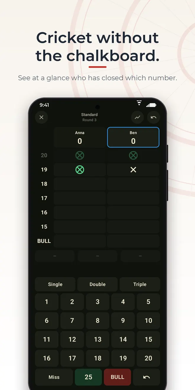 Ochely on Android: Cricket board with the targets 20 to 15 and bull