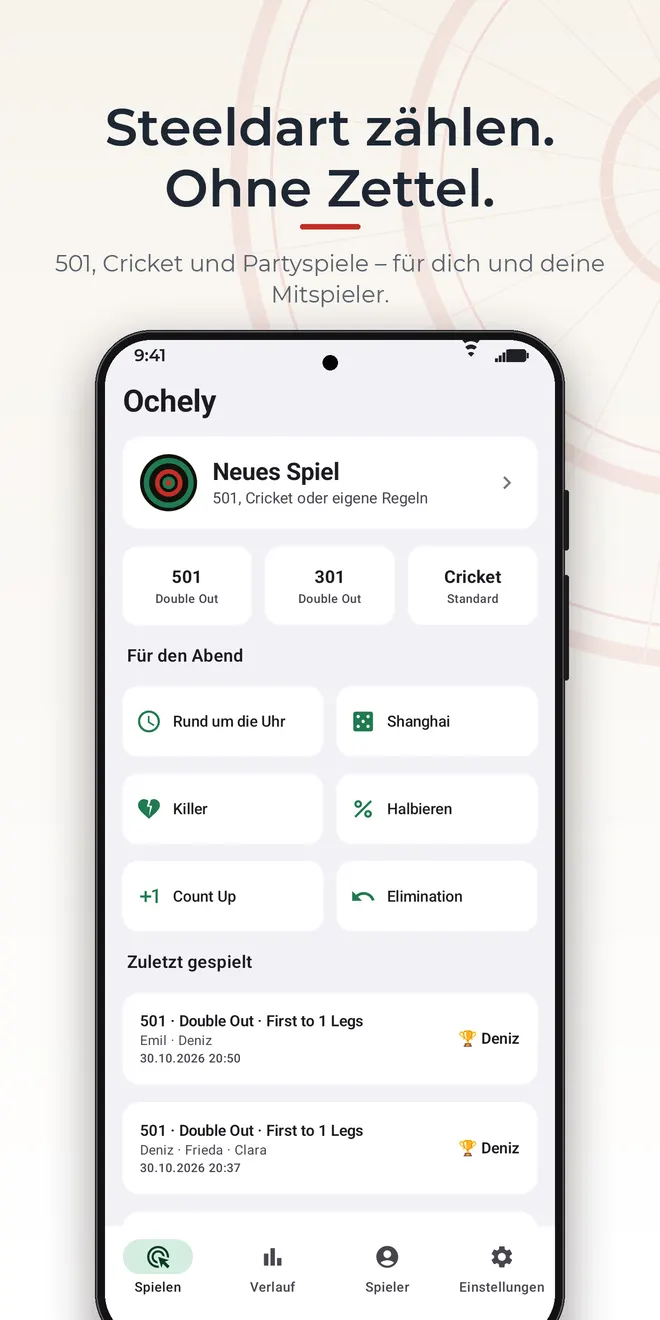 Ochely auf Android: Startseite mit „Neues Spiel“, Schnellstart für 501, 301 und Cricket, den Partyspielen und „Zuletzt gespielt“