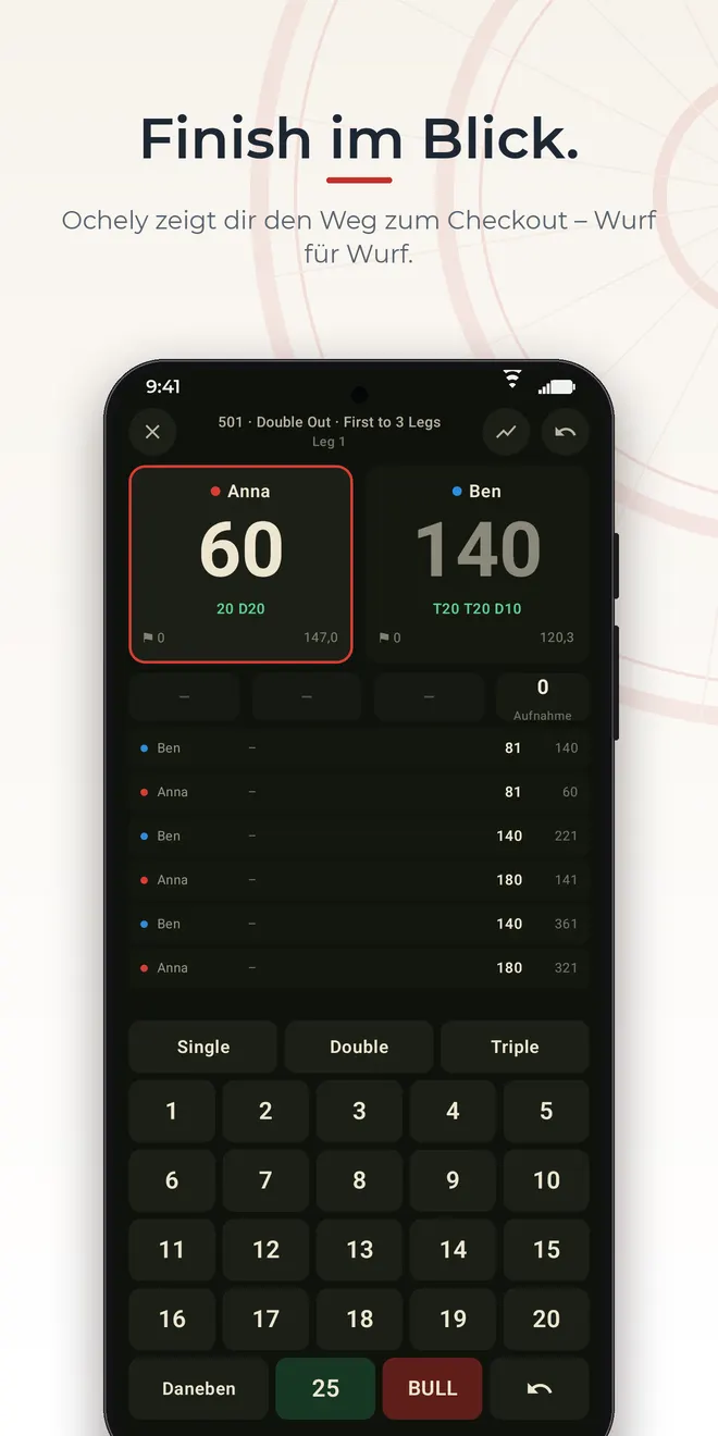 Ochely auf Android: Laufendes 501-Match kurz vor dem Finish mit Finish-Vorschlag und Tastenfeld