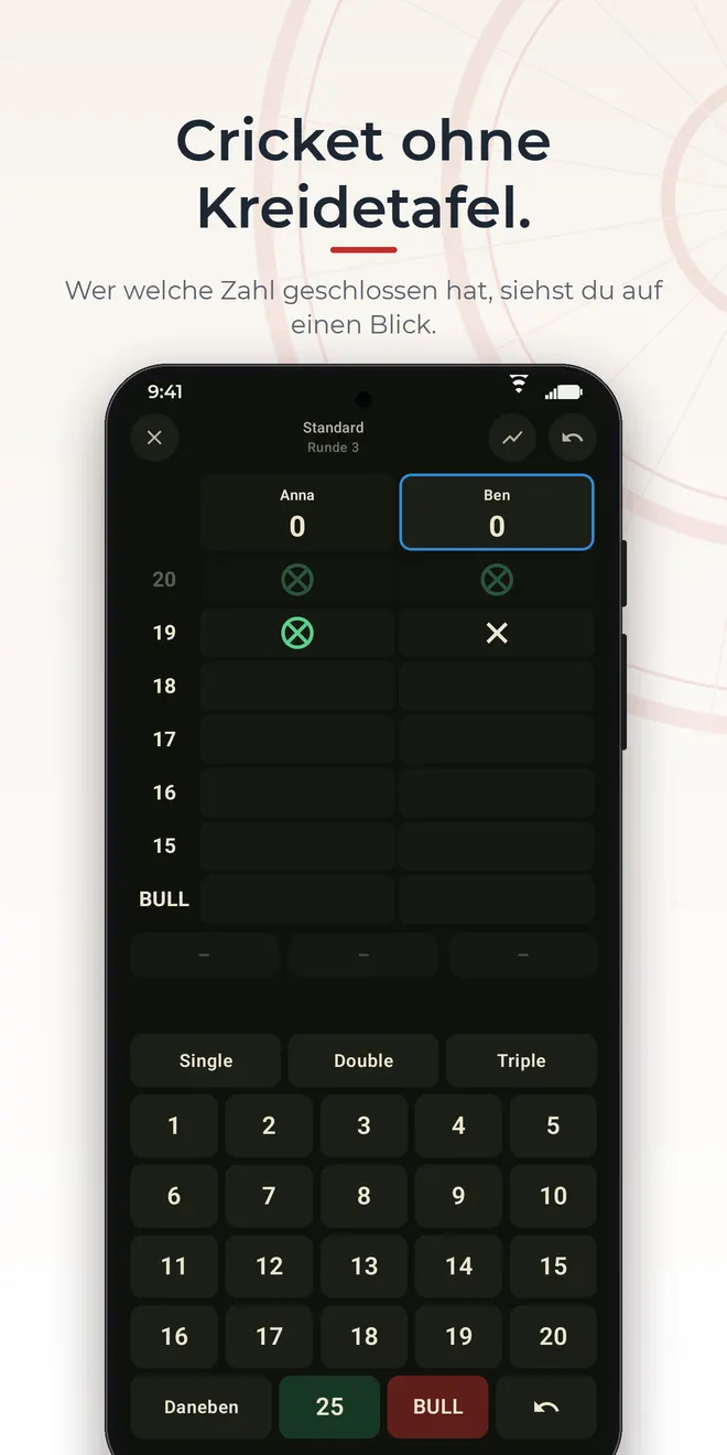 Ochely auf Android: Cricket-Tafel mit den Zielen 20 bis 15 und Bull