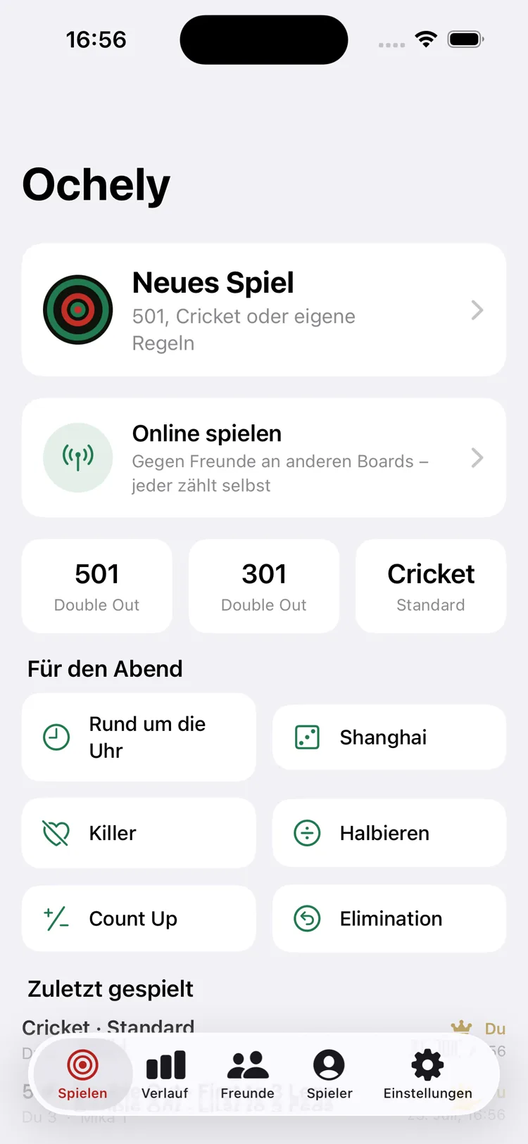 Ochely: Startseite mit Schnellstart für 501, 301 und Cricket sowie den Partyspielen