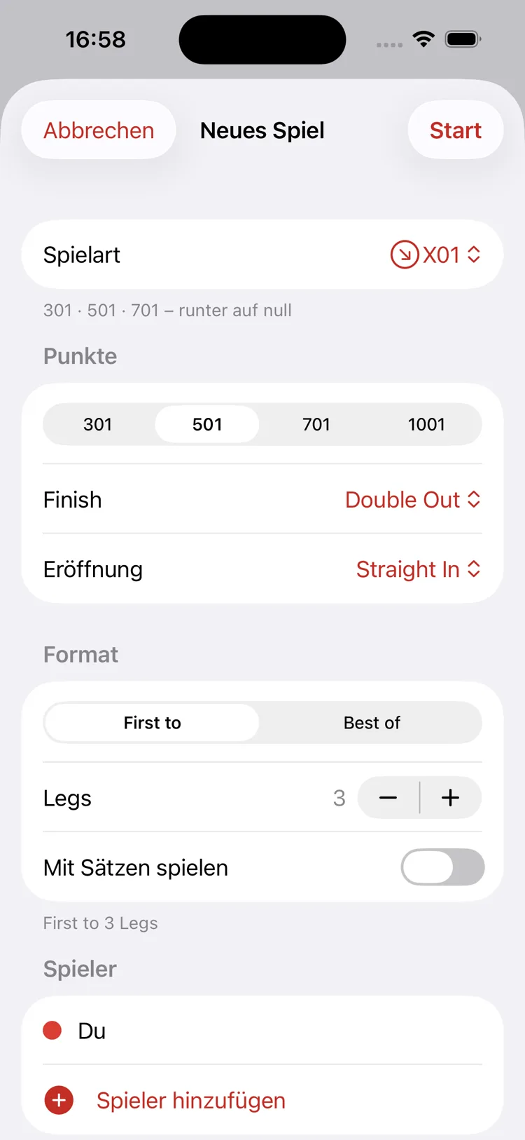 Ochely: Regeleinstellungen für Punkte, Finish, Eröffnung und Format