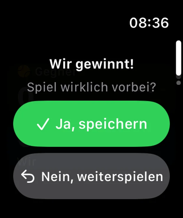 PadelScore auf der Apple Watch: Rückfrage nach dem letzten Punkt mit den Knöpfen Ja, speichern und Nein, weiterspielen