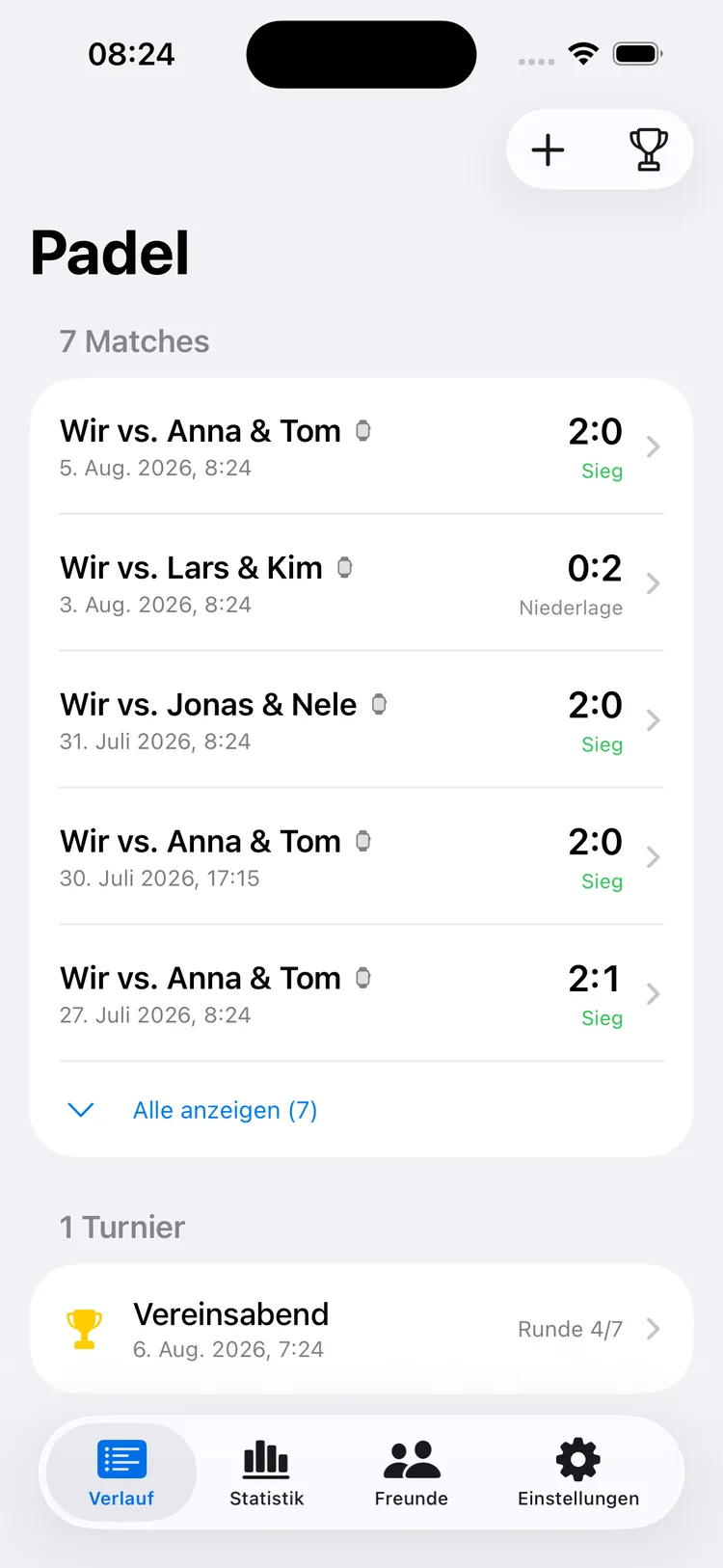 PadelScore auf dem iPhone: Verlauf mit sieben Matches, Satzergebnissen, Sieg- und Niederlage-Markierung und einem laufenden Turnier
