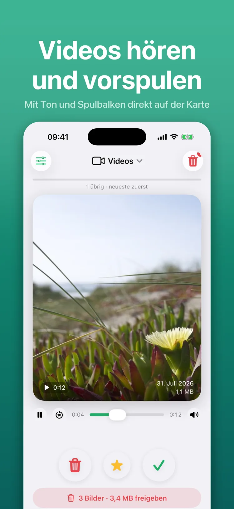 Swiperoll on iPhone: a video plays directly on the card, with sound and a scrubber