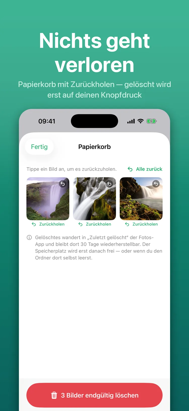Swiperoll on iPhone: the app's own trash with the sorted-out pictures and the button for deleting them for good