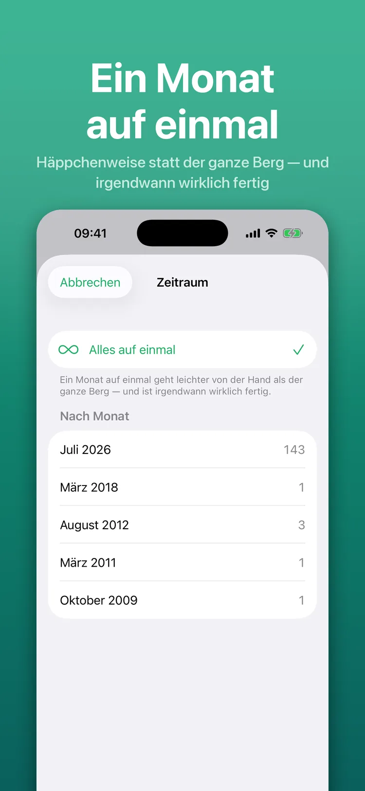 Swiperoll on iPhone: month picker showing how many pictures each month holds