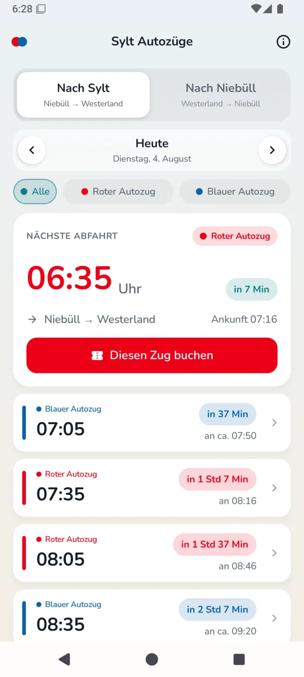 Sylt Autozüge für Android: Abfahrtstafel mit beiden Autozügen und Countdown