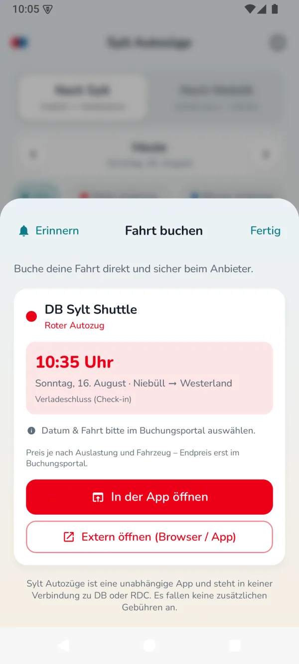 Sylt Autozüge für Android: Zug buchen und Erinnerung an den Verladeschluss setzen