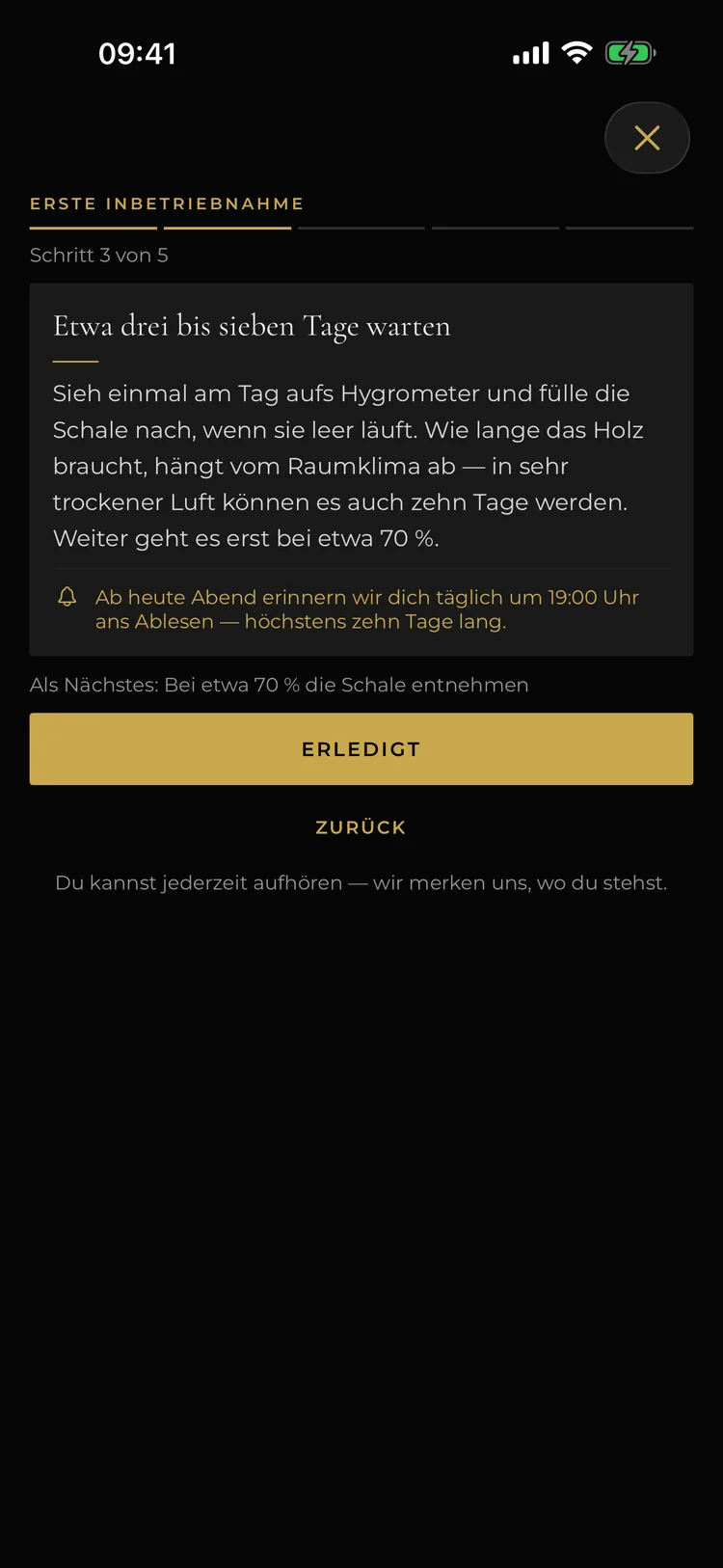 Tobacor auf dem iPhone: Schritt 3 von 5 der ersten Inbetriebnahme, etwa drei bis sieben Tage warten, mit Erinnerung um 19 Uhr