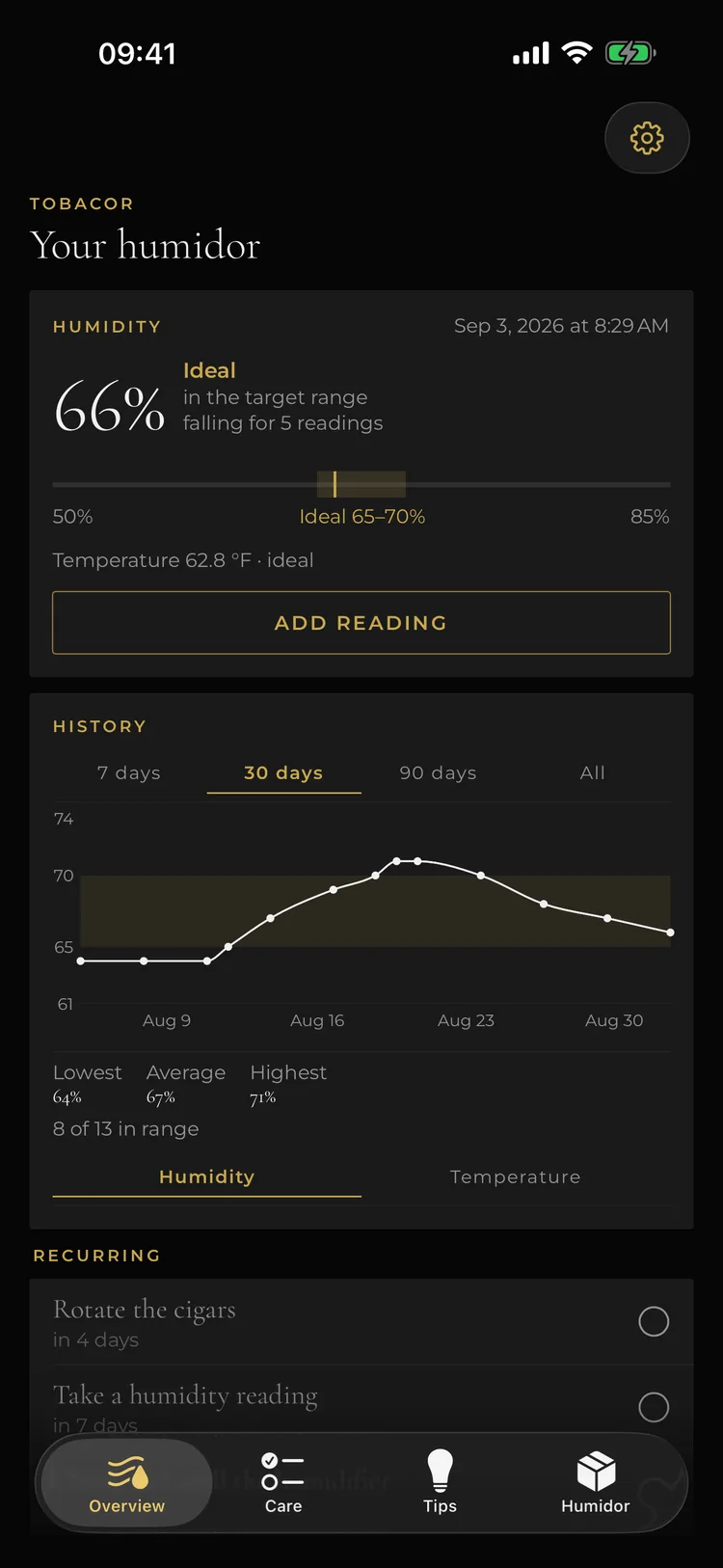 Tobacor on iPhone: overview showing 66 percent humidity in the 65 to 70 percent target range, temperature and history curve