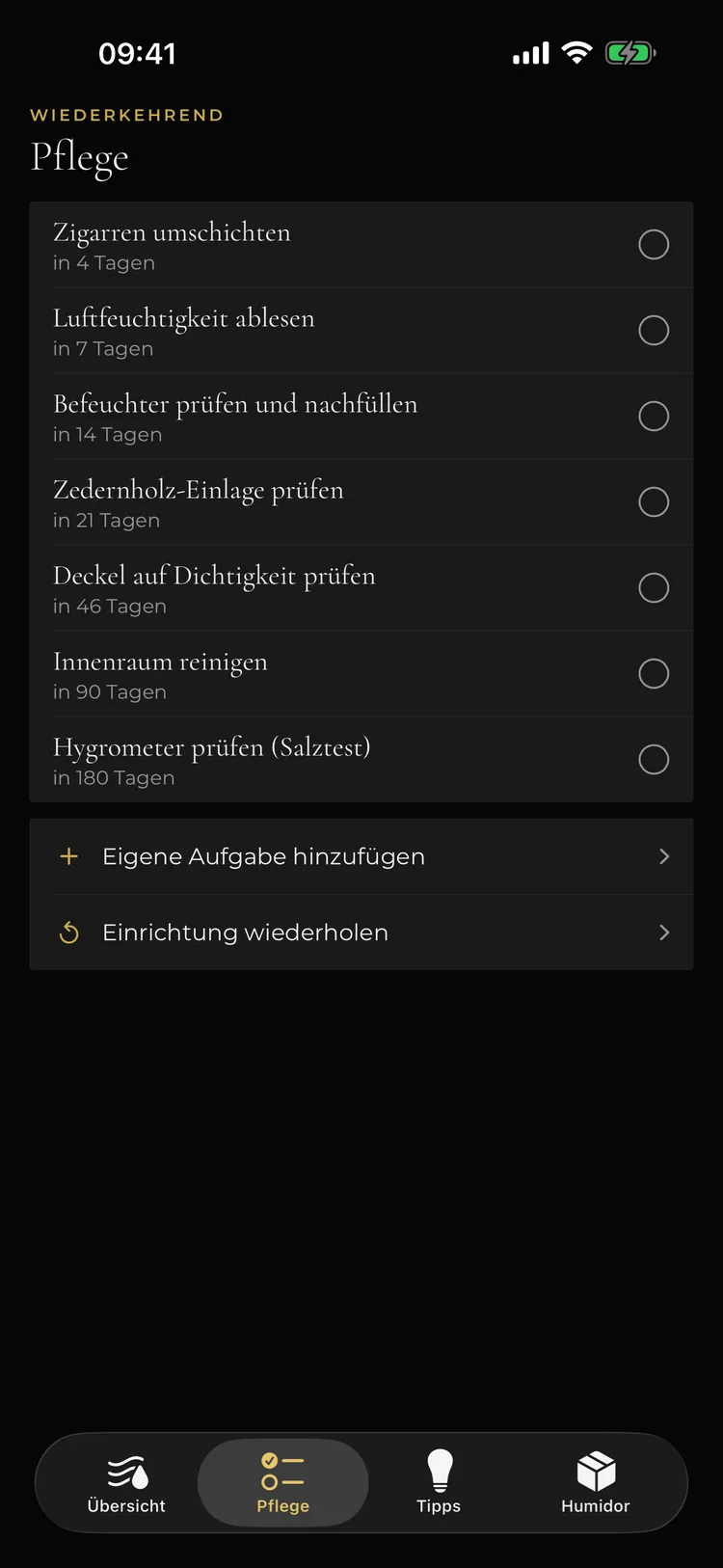 Tobacor auf dem iPhone: Liste der wiederkehrenden Pflegeaufgaben mit ihren Fälligkeiten, vom Umschichten bis zum Salztest