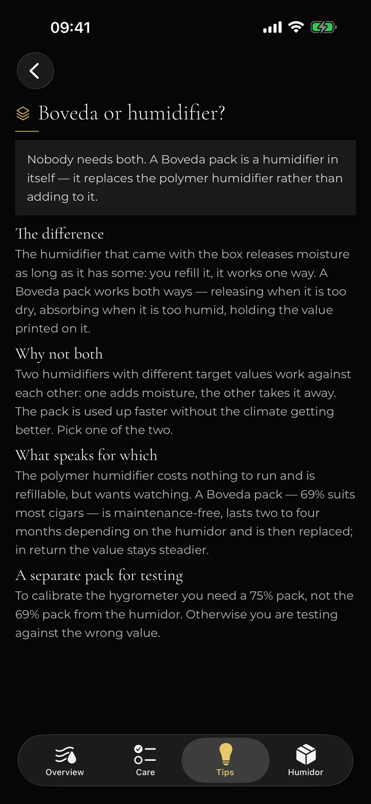 Tobacor on iPhone: advice article on Boveda or humidifier
