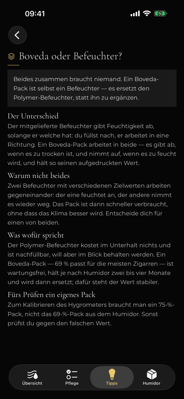 Tobacor auf dem iPhone: Tipp-Artikel Boveda oder Befeuchter mit den Abschnitten Der Unterschied, Warum nicht beide und Was wofür spricht