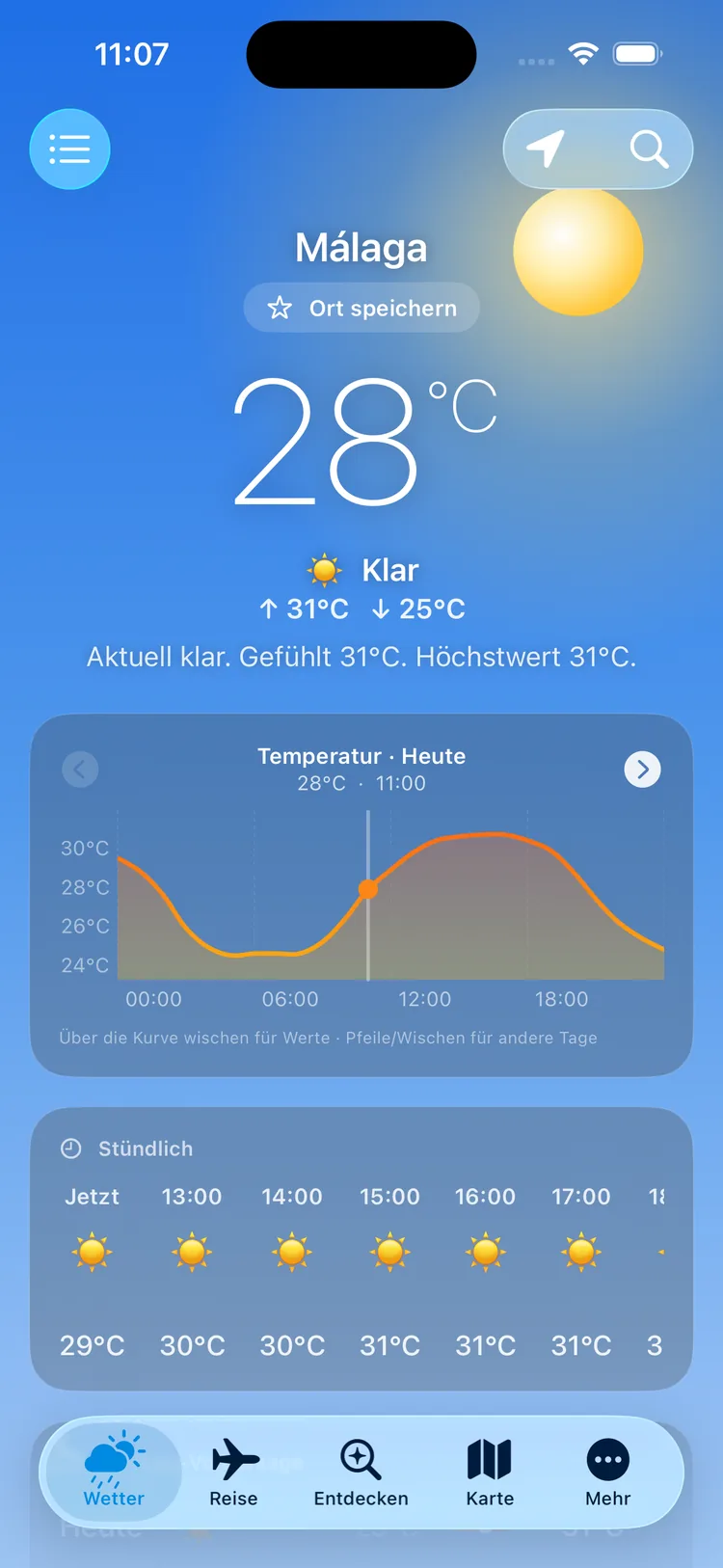 Wettergram auf dem iPhone: Wetteransicht für Málaga mit 28 Grad und klarem Himmel, Tagesverlauf als Diagramm und Stundenleiste