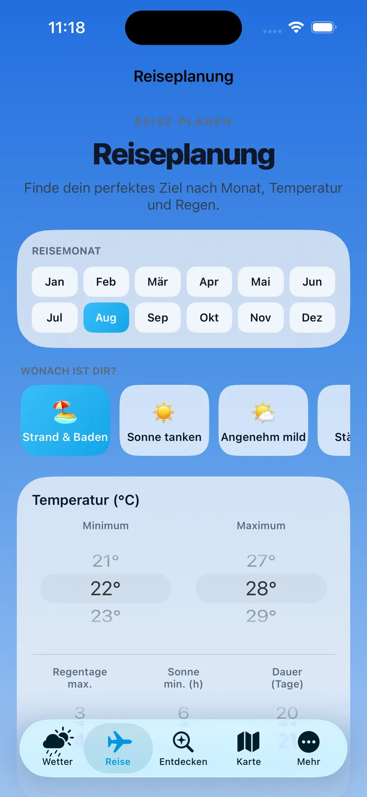 Wettergram auf dem iPhone: Reiseplanung mit Monatsauswahl August, Stimmungs-Voreinstellung Strand und Baden und einstellbarer Wunschtemperatur