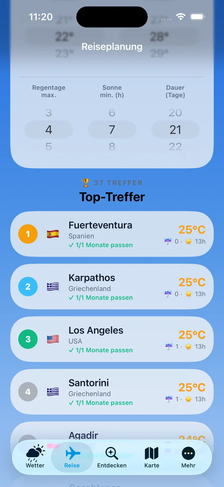Wettergram auf dem iPhone: 37 Treffer der Reiseplanung, angeführt von Fuerteventura, Karpathos, Los Angeles und Santorini samt Temperatur, Regentagen und Sonnenstunden
