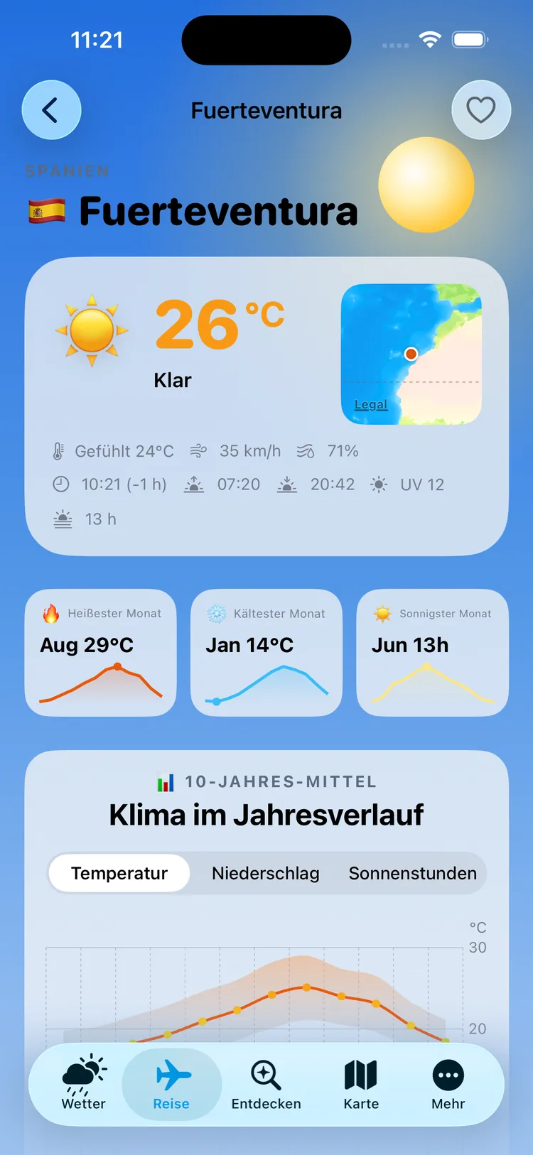 Wettergram auf dem iPhone: Reiseziel-Profil Fuerteventura mit aktuellem Wetter, Ortszeit, Sonnenzeiten sowie den Kacheln heißester, kältester und sonnigster Monat
