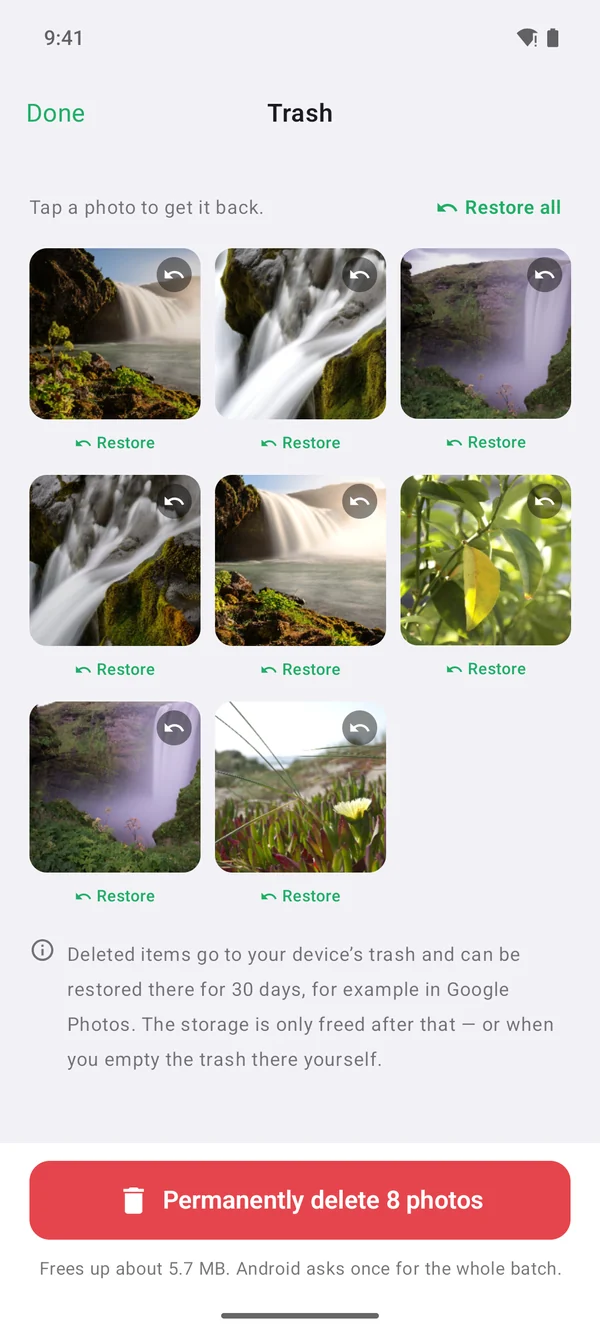 Wischy for Android: trash with restore and the button for deleting for good