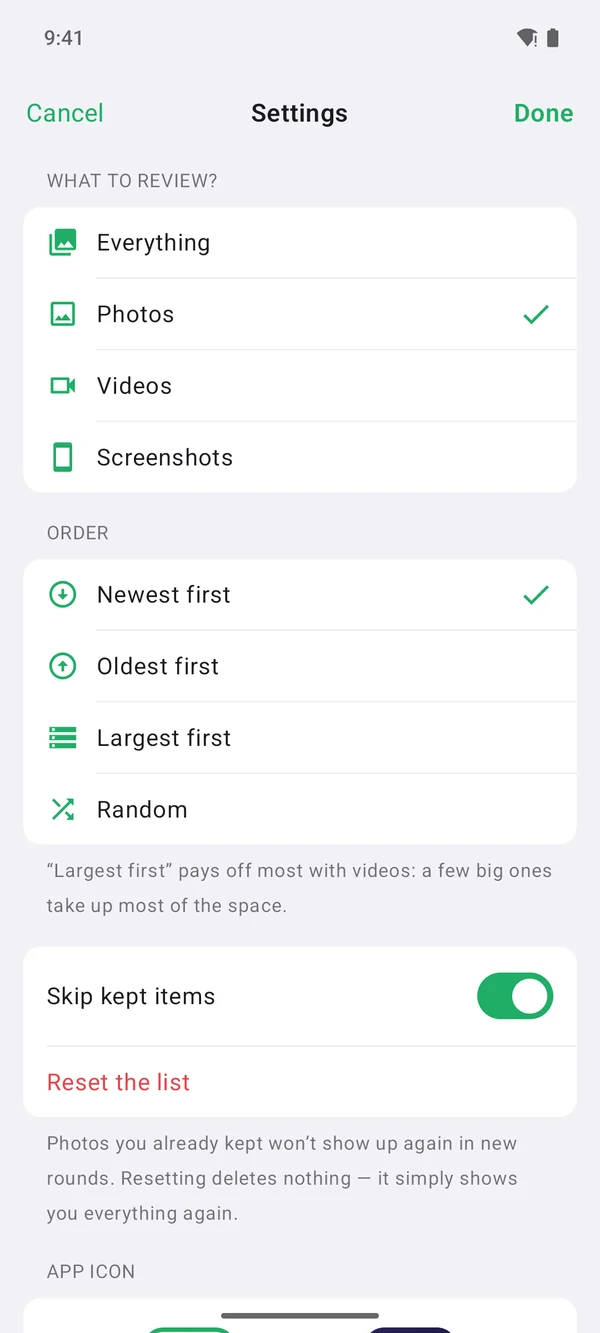 Wischy for Android: settings with photos, videos and screenshots and the sort order
