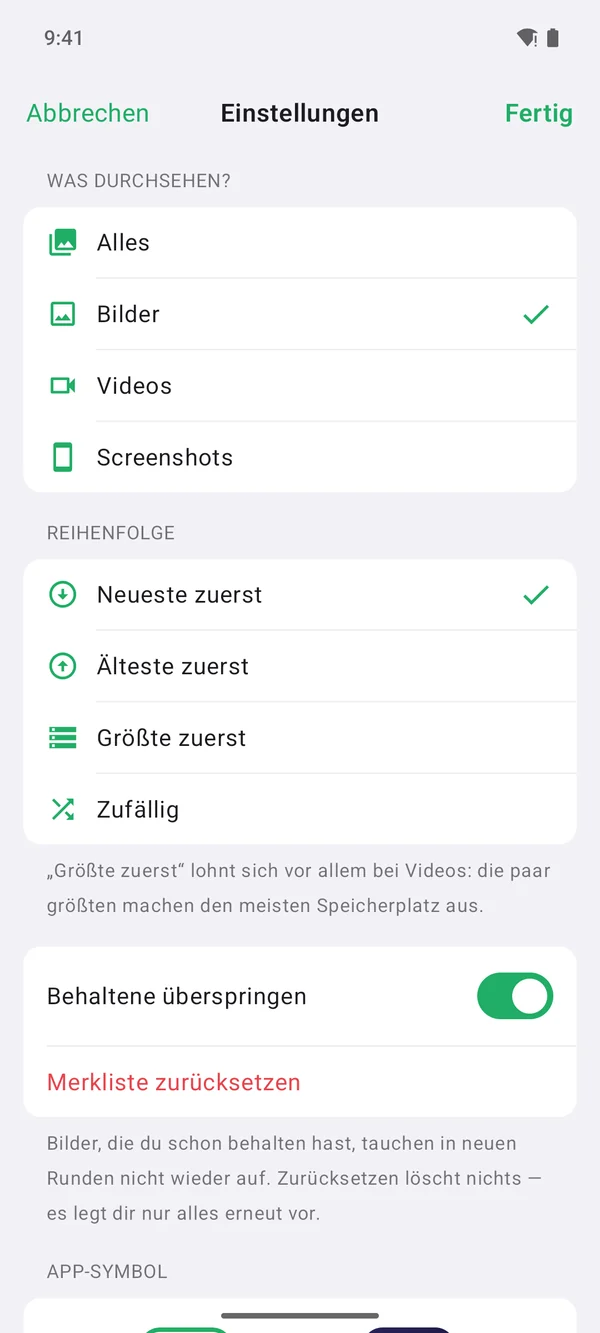 Wischy für Android: Einstellungen mit Auswahl von Bildern, Videos und Screenshots und der Reihenfolge