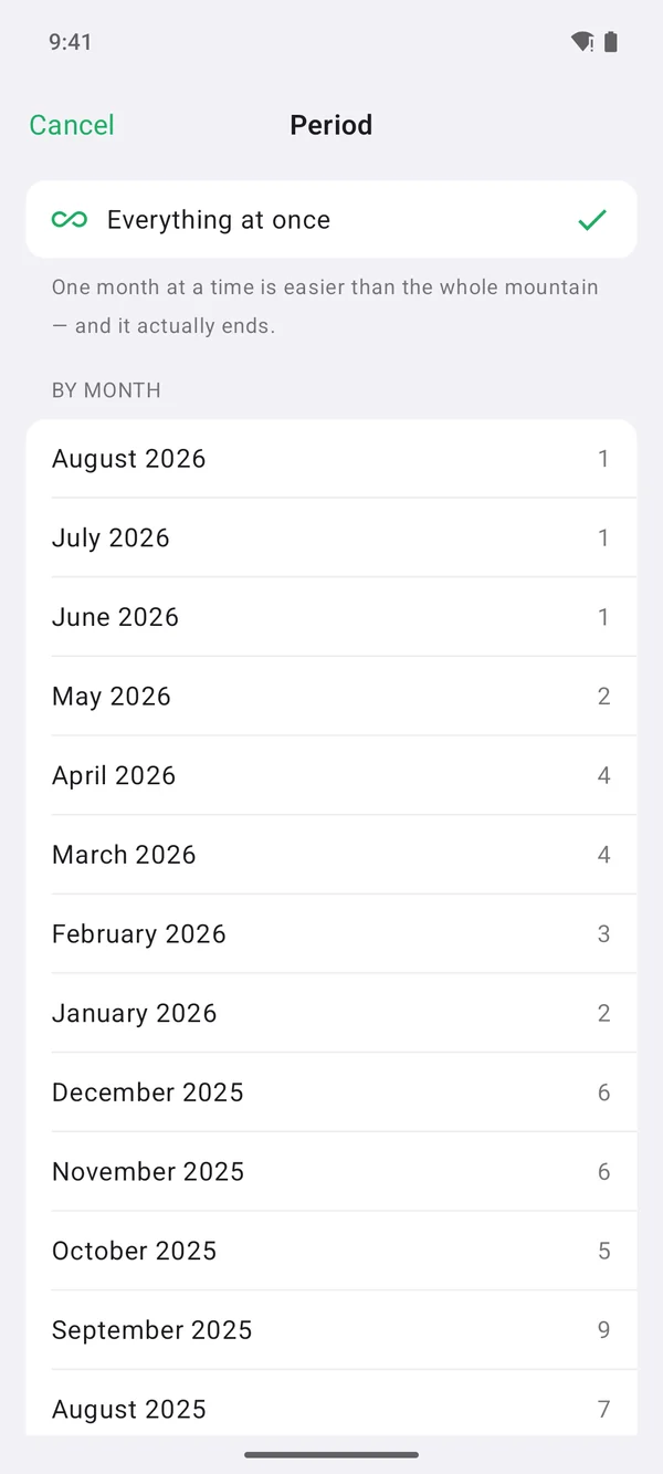 Wischy for Android: time range with the individual months to choose from