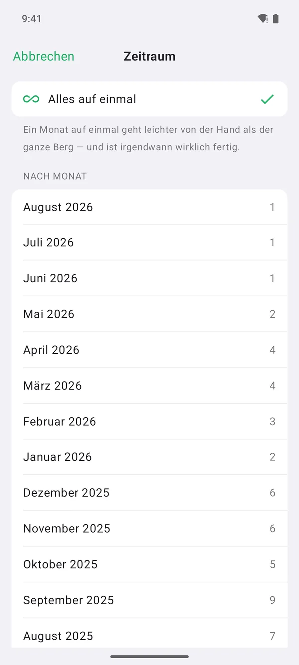 Wischy für Android: Zeitraum mit den einzelnen Monaten zur Auswahl