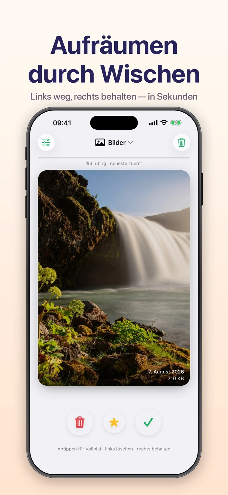 Wischy auf dem iPhone: ein Foto füllt die Karte, darunter die Knöpfe zum Aussortieren und Behalten