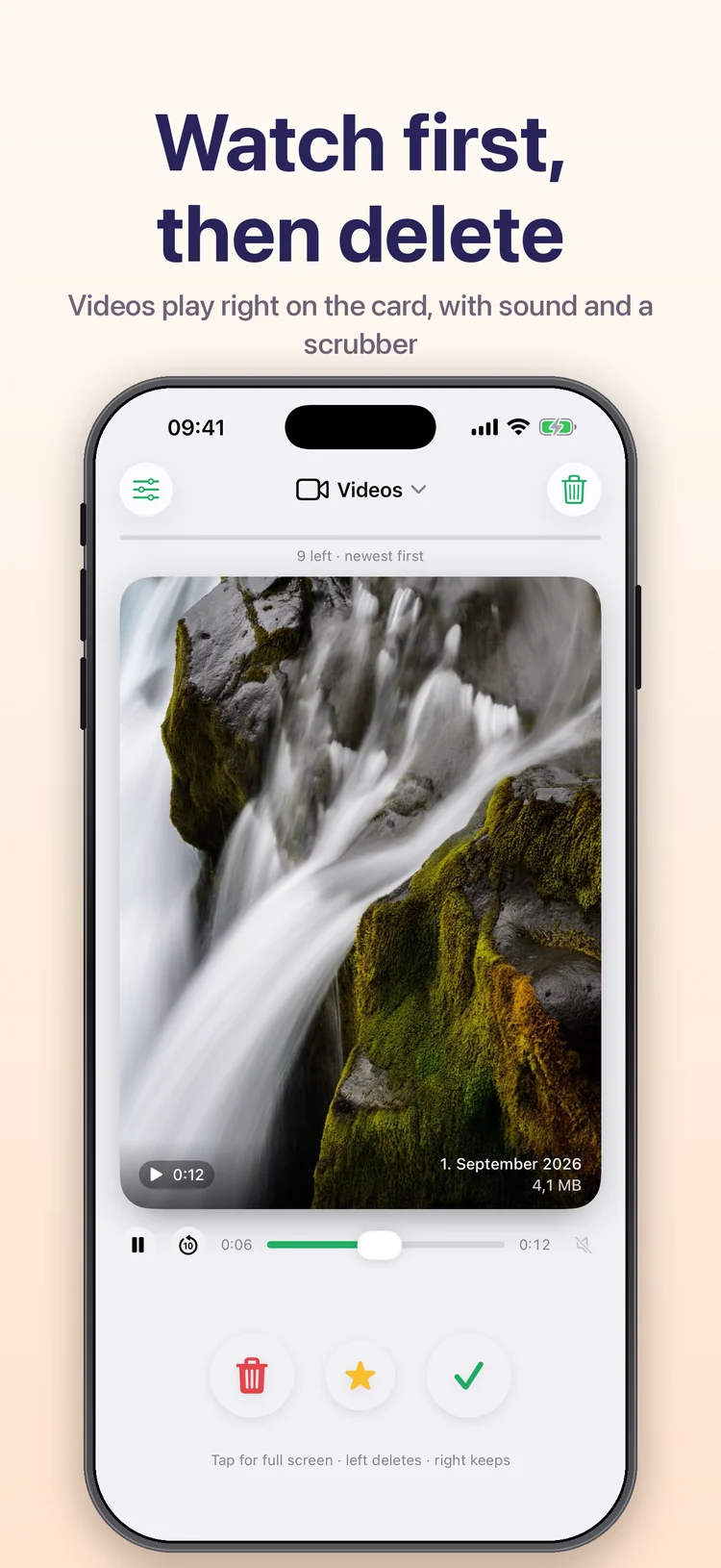 Wischy on iPhone: a video plays directly on the card, with sound and a scrubber