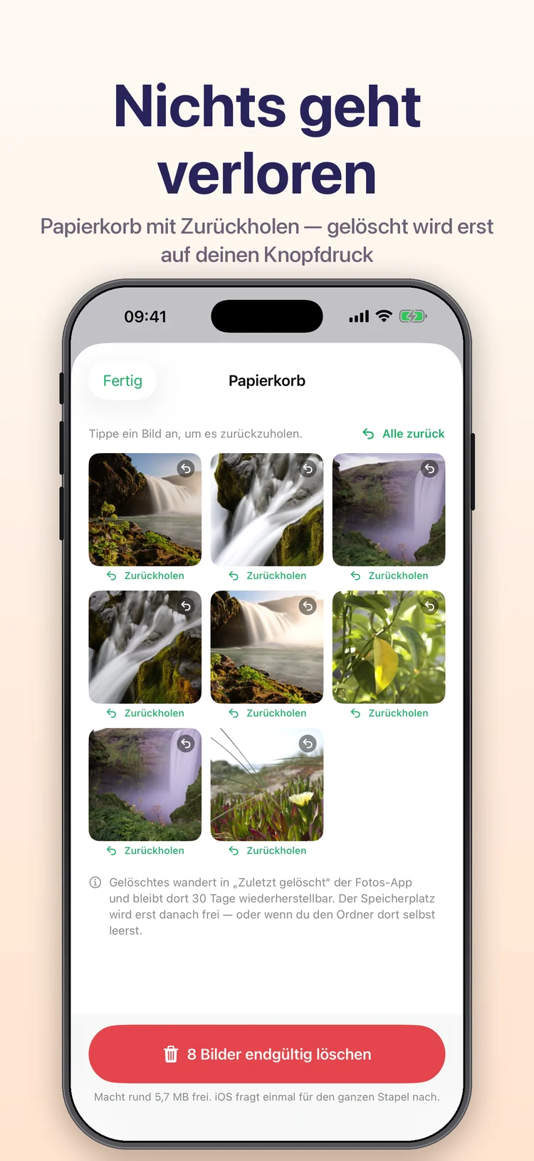 Wischy auf dem iPhone: der Papierkorb der App mit den aussortierten Bildern und dem Knopf zum endgültigen Löschen