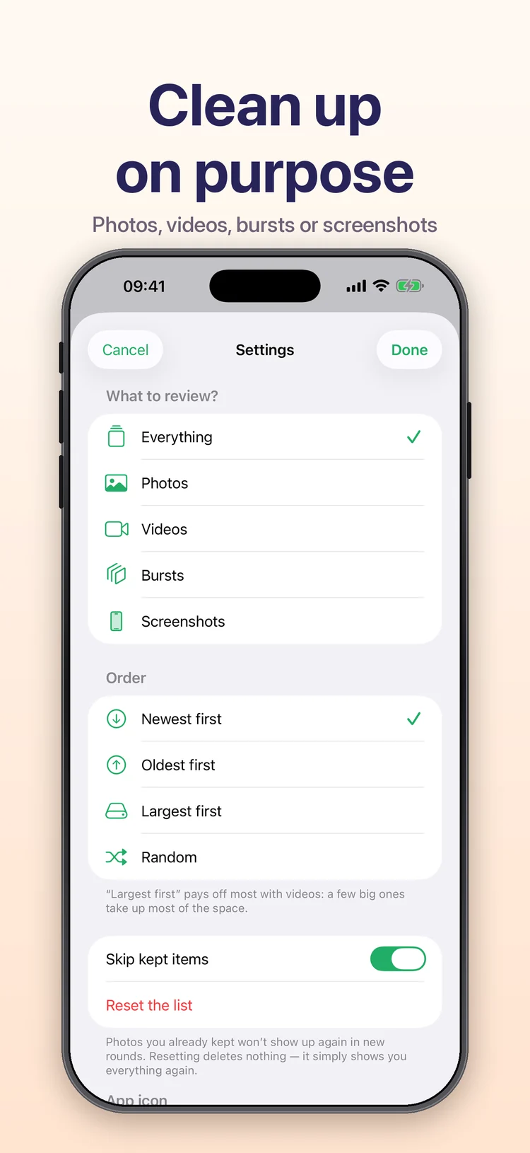 Wischy on iPhone: choosing what to go through — videos, screenshots, bursts or everything