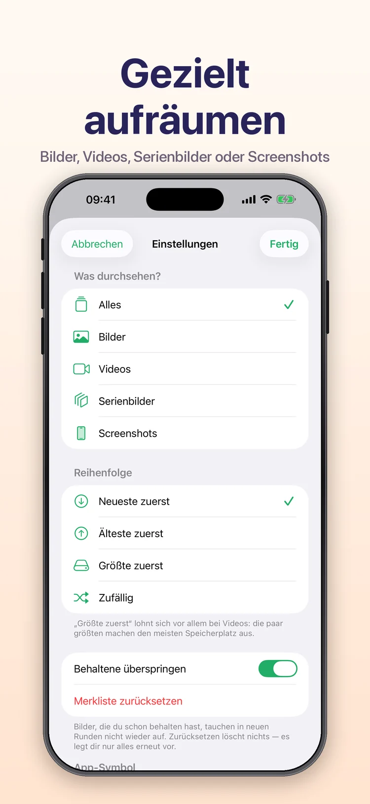 Wischy auf dem iPhone: Auswahl, was durchgegangen werden soll — Videos, Screenshots, Serienbilder oder alles