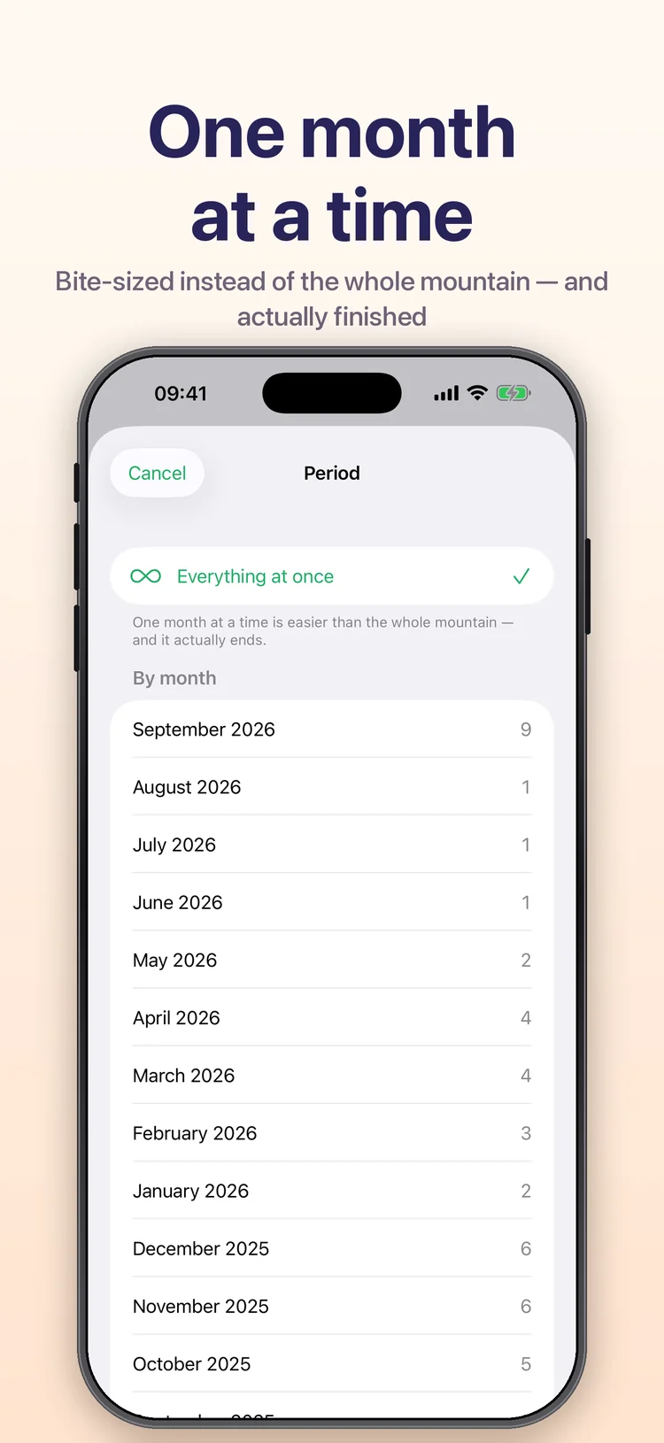 Wischy on iPhone: month picker showing how many pictures each month holds