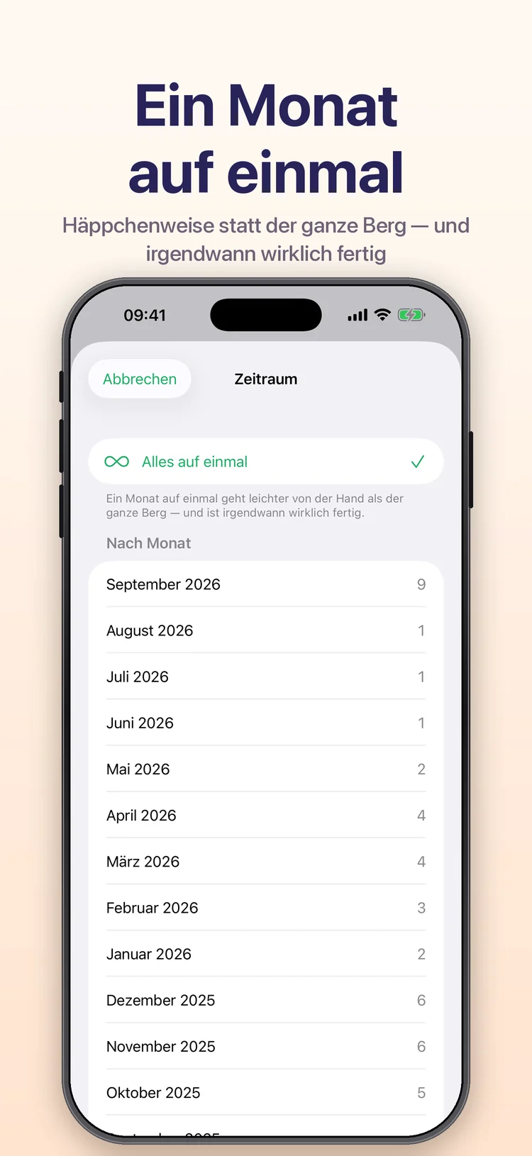 Wischy auf dem iPhone: Monatsauswahl mit der Anzahl der Bilder je Monat