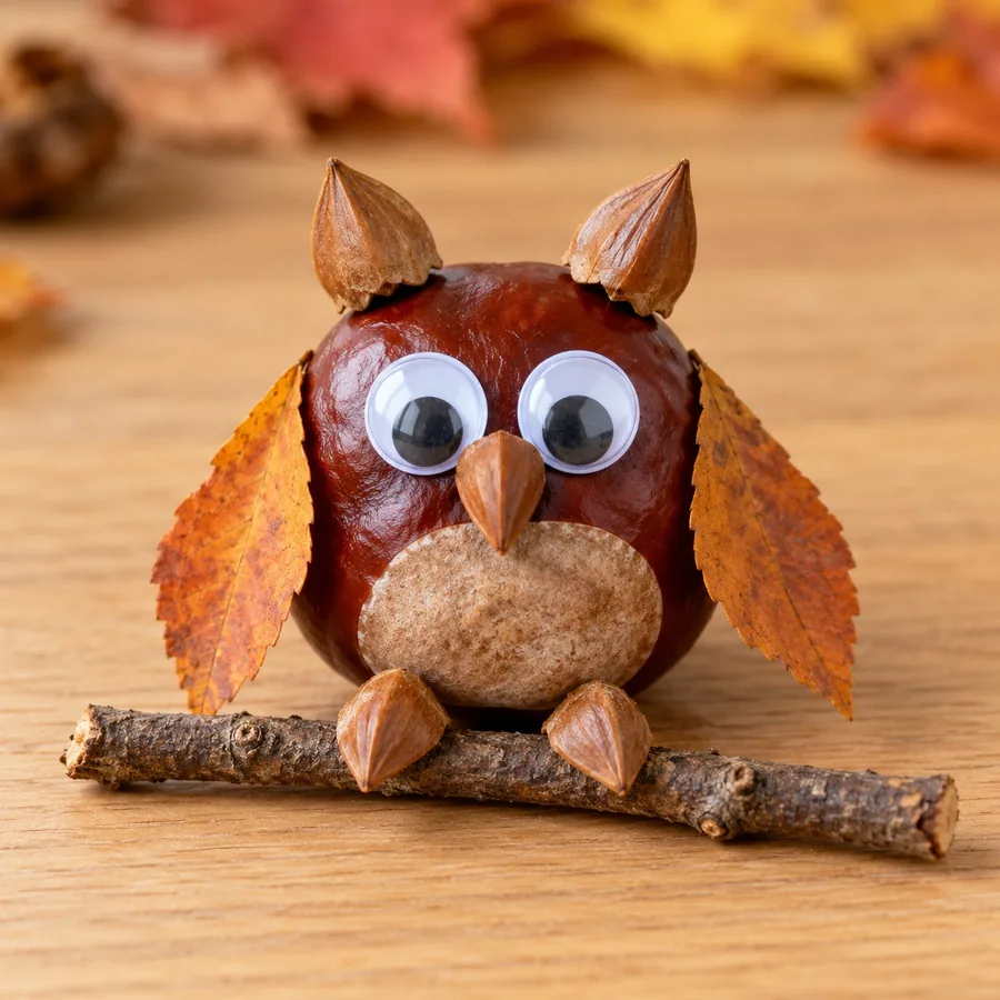 Chestnut owl with big googly eyes, beechnut ears and autumn-leaf wings on a branch
